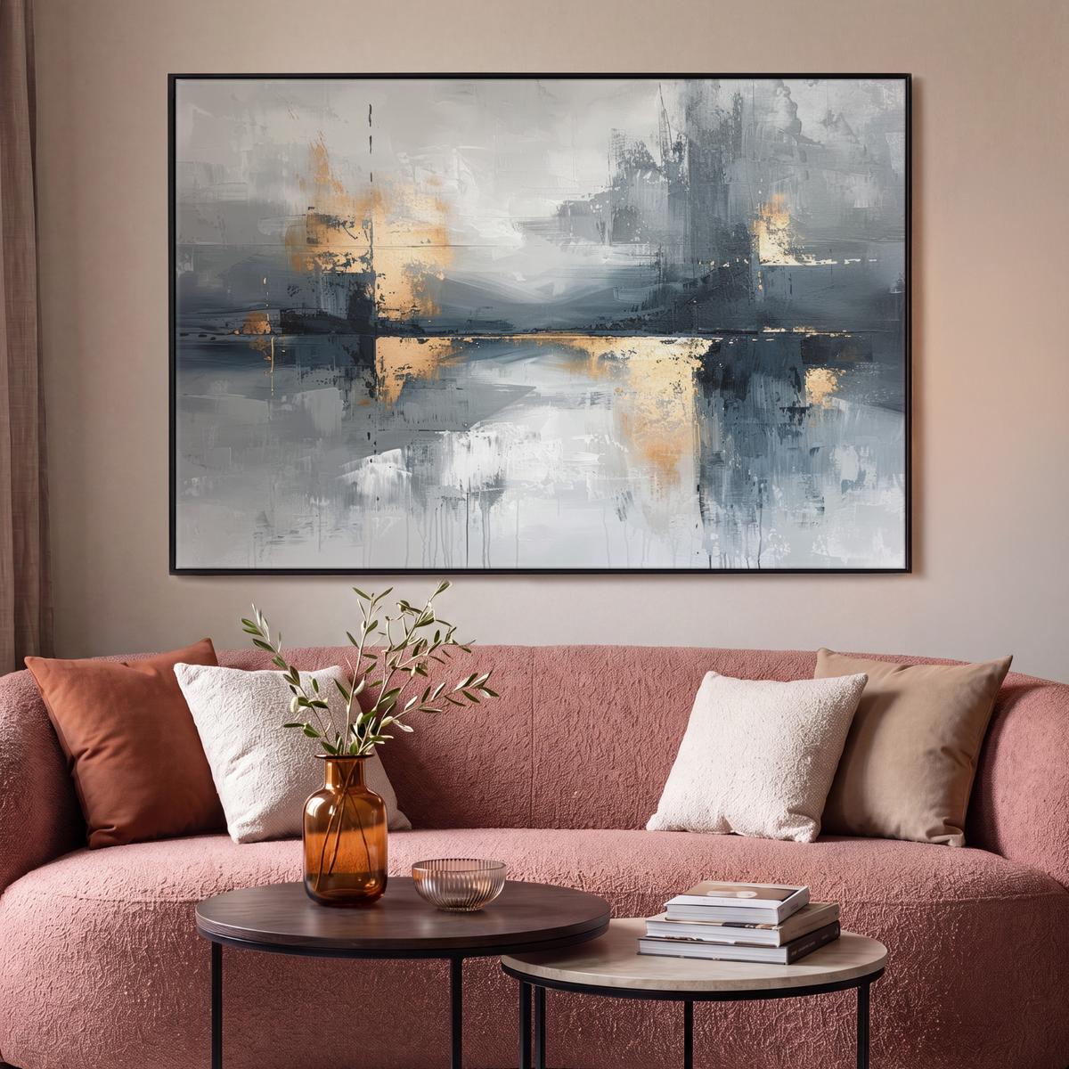 LEINWAND Bilder mit Rahmen - Kunst - Grau - Gold - Abstrakt - 150x100 - Dunkelgrau, Textil (150/100cm) - MuchoWow