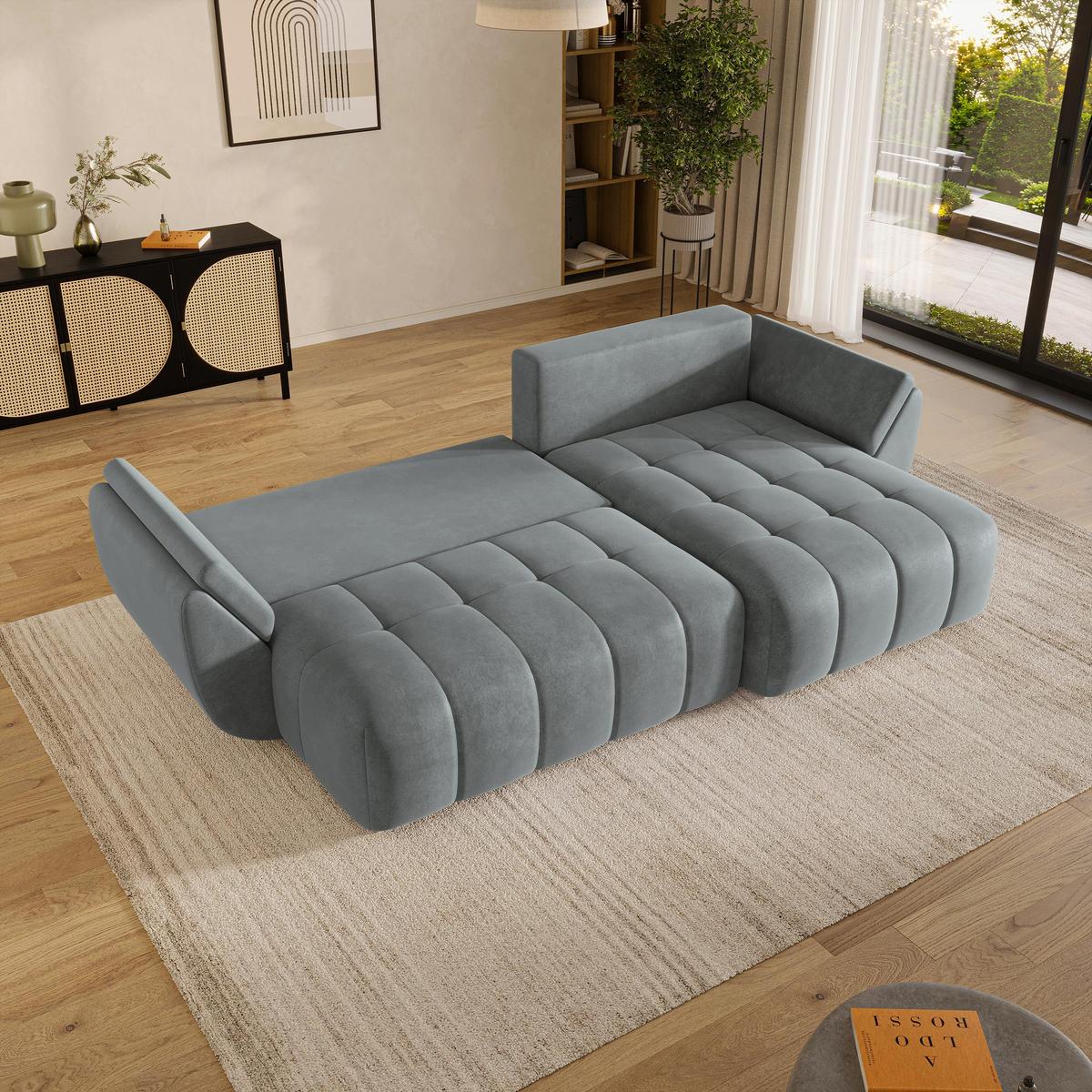 ECKSOFA OLSI Grau Velours-Stoff mit Schlaffunktion - Grau, Holz (285/148cm) - MASSENO