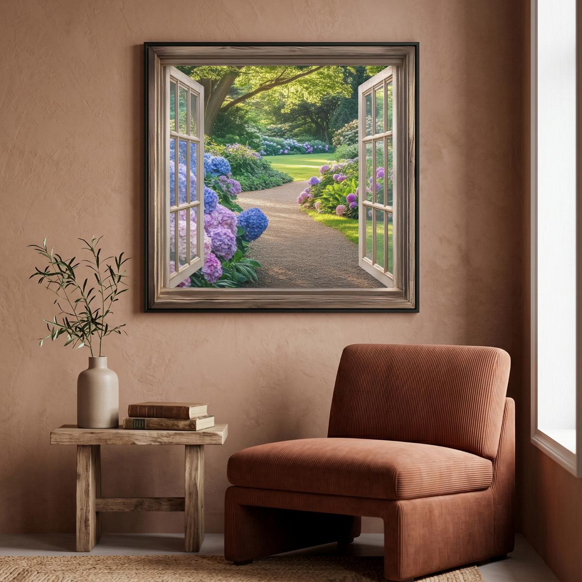LEINWAND Bilder mit Rahmen - Aussicht - Garten - Fenster - Hortensie - Blumen - 90x90 - Pastellblau, Textil (90/90cm) - MuchoWow