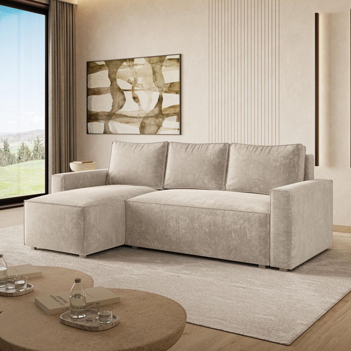 ECKSOFA POTARO LM Creme Chenille mit Schlaffunktion - Creme, Holzwerkstoff/Textil (232/140cm) - MASSENO