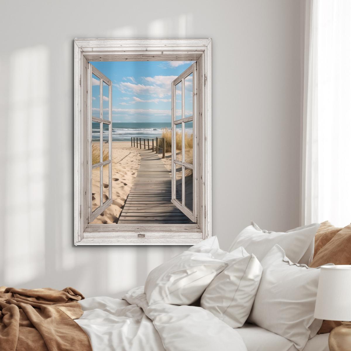 ACRYLGLASBILD Fenster - Meer - Küste - Natur - Ausblick - Strand - Wattenmeer 80x120 cm - Beige, Glas (80/120cm) - MuchoWow