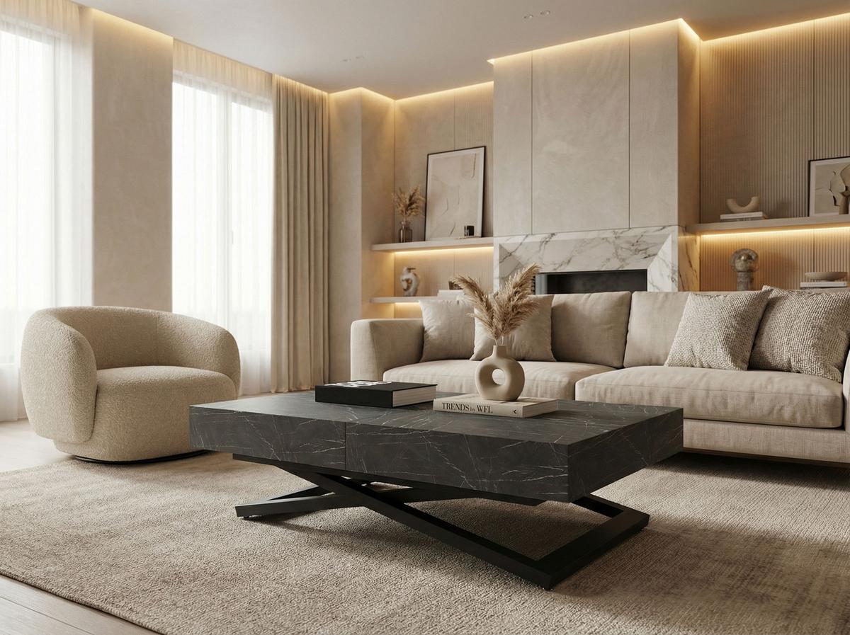 COUCHTISCH Cavetta U höhenverstellbar ausziehbar, Marmor Schwarz 120-200/80/27-76 cm - Anthrazit/Schwarz, Holzwerkstoff/Metall (80/200/76cm) - WFL GROUP