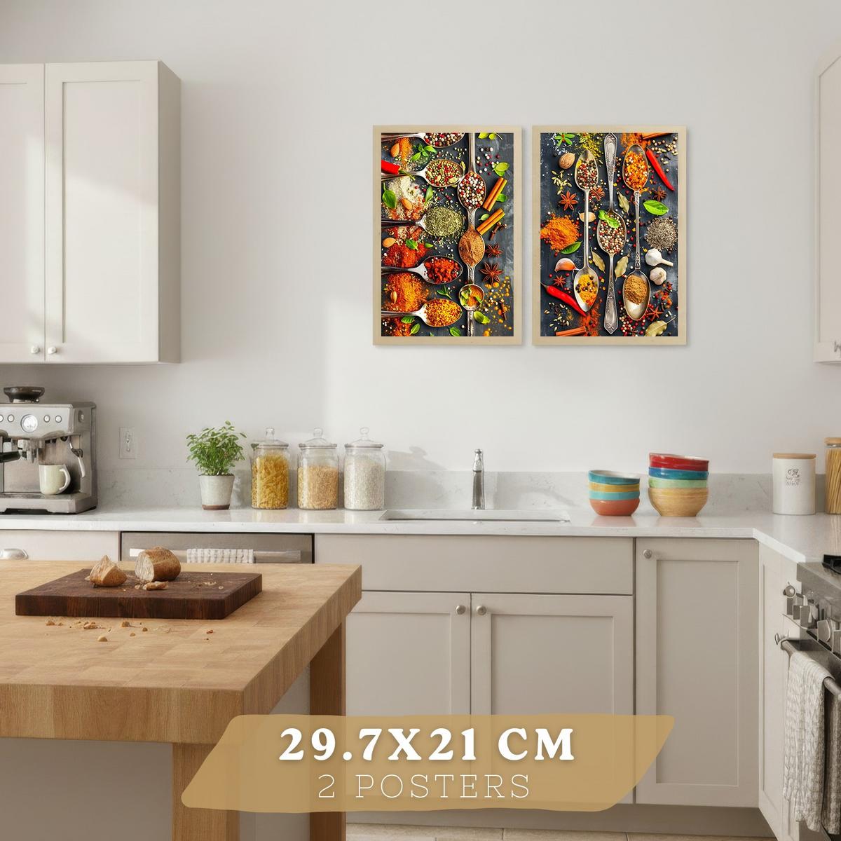 POSTER 2er Set Küchen-Wandbilder Limette Minze Getränk und Gewürze Food Fotografie Esszimmer Wanddeko Leichter Holzrahmen A4 - Beige, Papier (29.7/1/21cm) - Nacnic