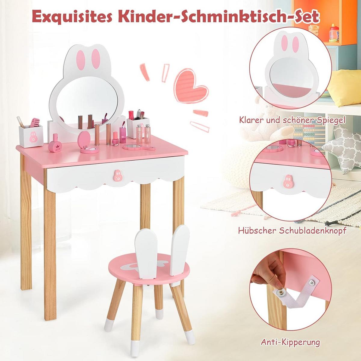 KINDER SCHMINKTISCH mit Hocker Pink - Pink, Holz (60/103/34cm) - COSTWAY