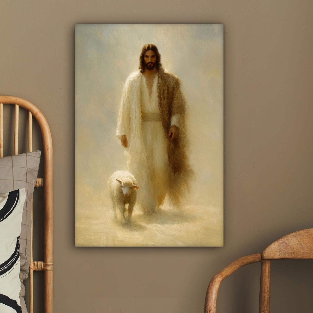 LEINWANDBILD Schaf - Jesus - Pinselstriche - Abstrakt Wanddeko Schlafzimmer 60x90 cm - Sandfarben, Textil (60/90cm) - MuchoWow
