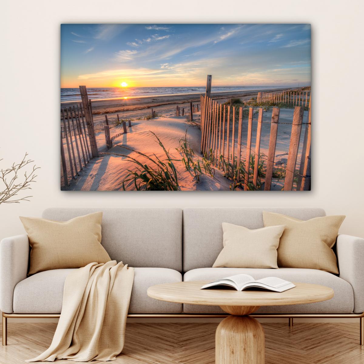 LEINWANDBILD Strand - Meer - Düne - Sonnenuntergang - Landschaft Wohnzimmer Groß 120x80 cm - Beige, Textil (120/80cm) - MuchoWow