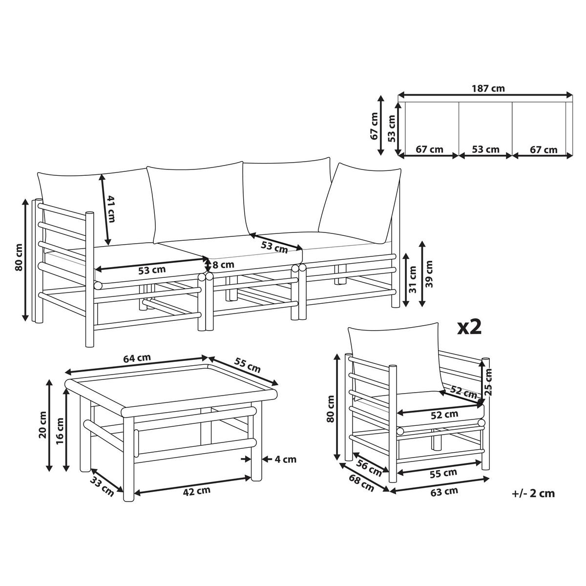 LOUNGE SET 5-Sitzer Bambusholz hellbraun 4-teilig Auflagen cremeweiß Cerreto - Creme, Holz - Beliani