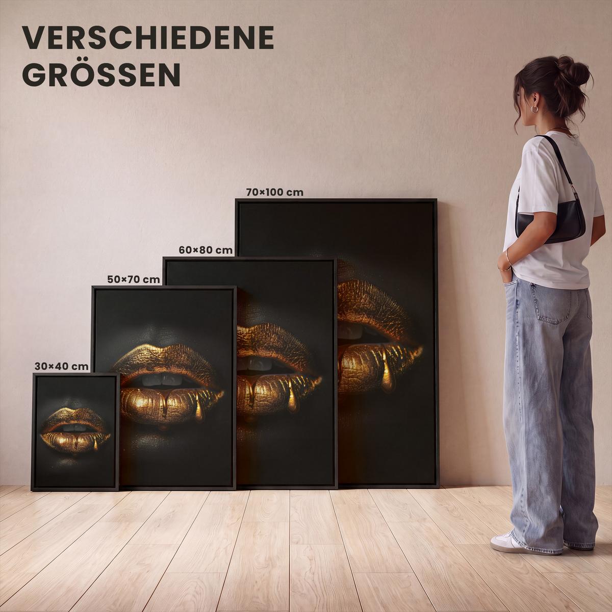 LEINWAND Bilder mit Rahmen - Frau - Porträt - Lippen - Gold - Schwarz - 50x70 - Schwarz, Textil (50/70cm) - MuchoWow