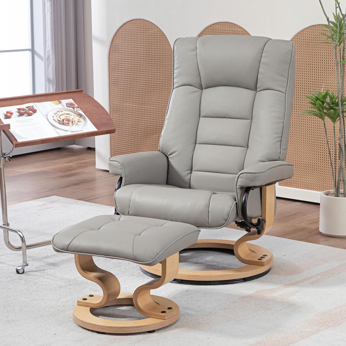 RELAXSESSEL mit Hocker, Drehbar Fernsehsessel mit Liegefunktion Kunstleder, Grau - Grau, Leder (85/104/76cm) - HOMCOM