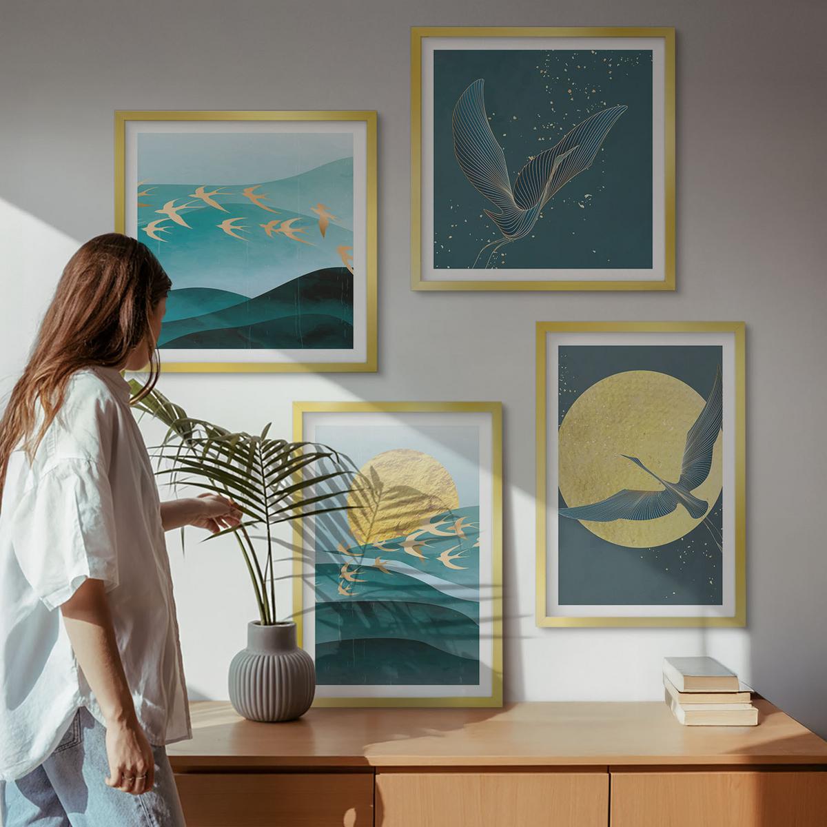 BILDER SET 4er Set - 50x50 cm & 40x60 cm Goldrahmen - Stilvolle Landschaften mit Vögeln - Goldfarben, Kunststoff (50/50cm) - TULUP