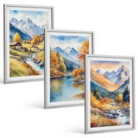BILDER SET 3er Set - 40x60 cm Silberner Rahmen - Herbstliche Berge, Flusshäuser - Silberfarben, Kunststoff (40/60cm) - TULUP
