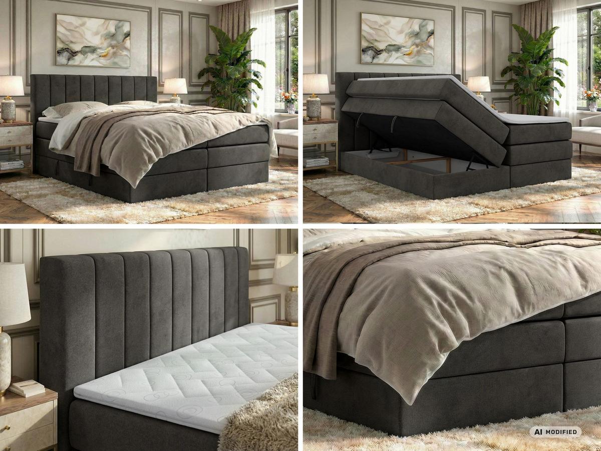 BOXSPRINGBETT ALVER KING 200/200 - Dunkelgrau Velvet - Topper T25 - H3 - Dunkelgrau/Schwarz, Kunststoff/Textil (200/200cm) - MKS