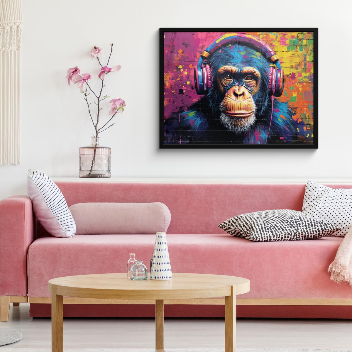 POSTER MIT RAHMENGERAHMTES BILD Graffiti - Schimpanse - Straßenkunst - Kopfhörer - Affe 80x60 cm - Blau, Papier (80/60cm) - MuchoWow