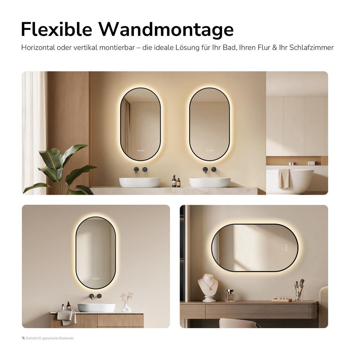 BADSPIEGEL oval mit LED-Beleuchtung 45 x 75 cm Antibeschlag Schwarz - Schwarz, Glas (75/45/2cm) - EMKE