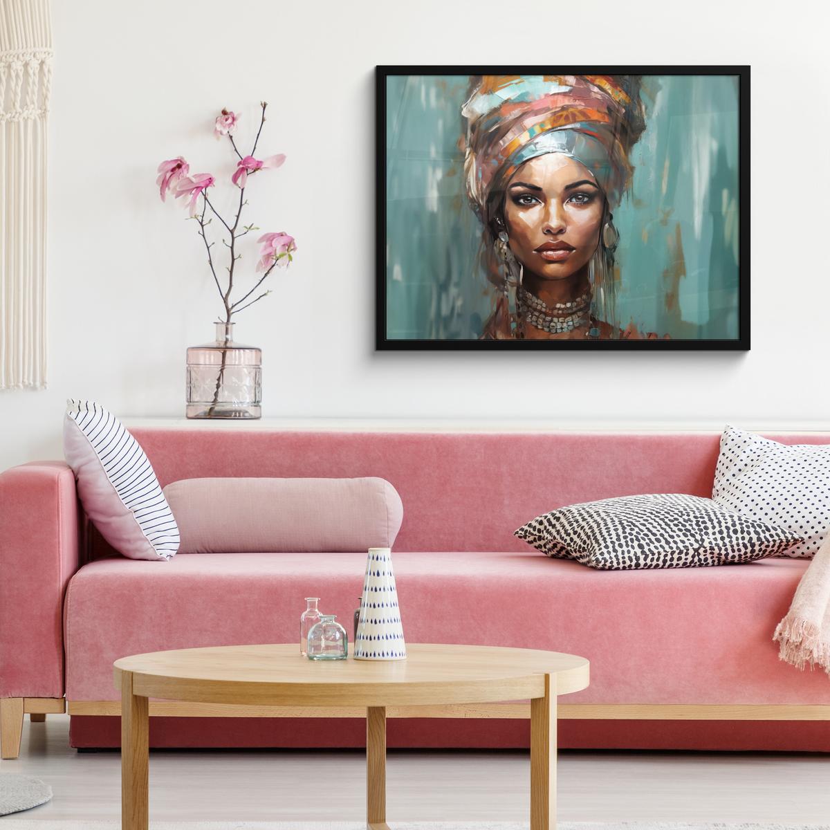POSTER MIT RAHMENGERAHMTES BILD Frau - Kunst - Schmuck - Porträt 80x60 cm - Blaugrau, Papier (80/60cm) - MuchoWow