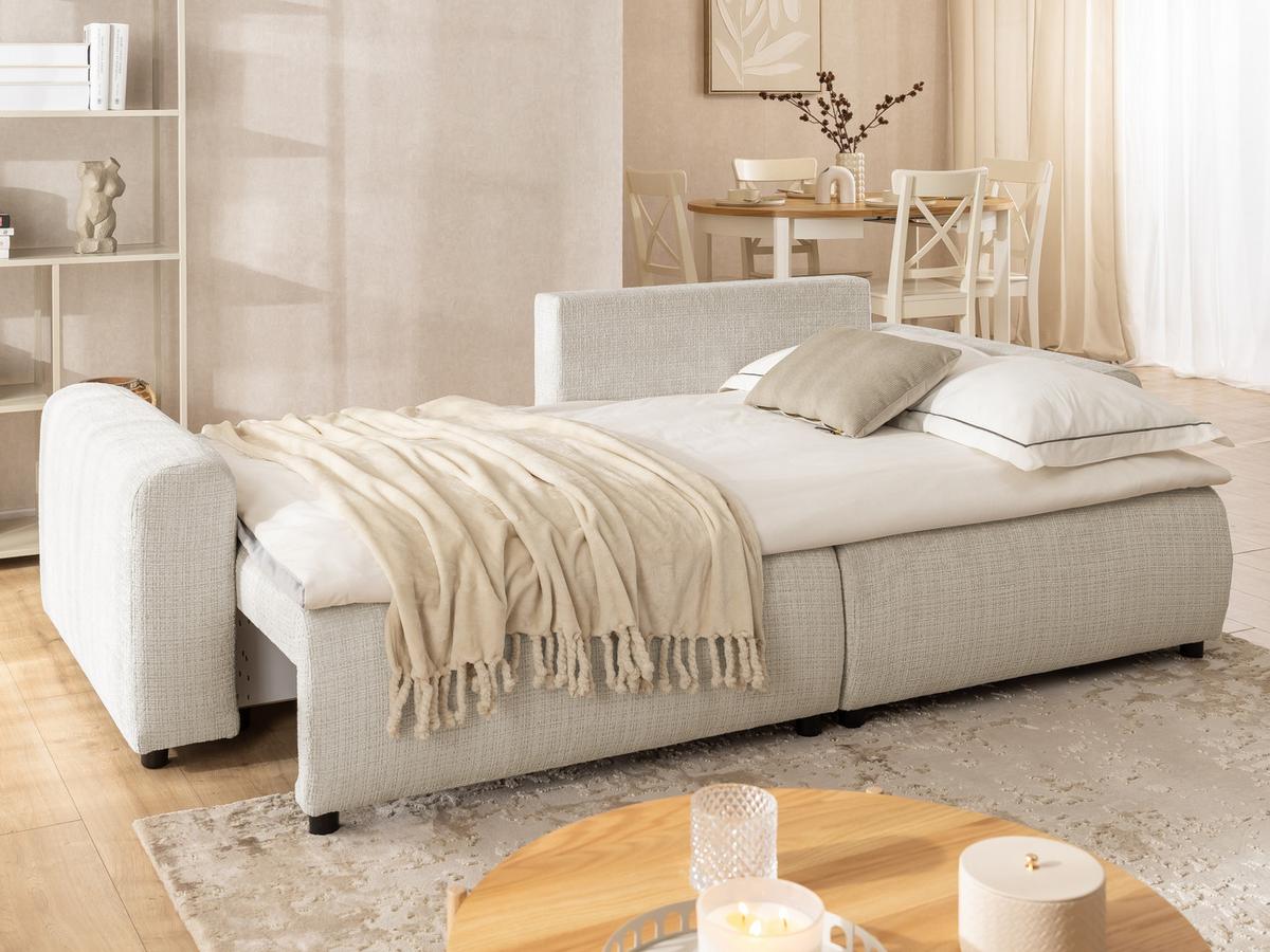 ECKSOFA Calma mit Schlaffunktion und Bettkasten im Bumpy-Design aus weichem Beige Chenille-Stoff - Ottomane rechts - Beige/Schwarz, Holz/Kunststoff (239/140cm) - S-Style Möbel
