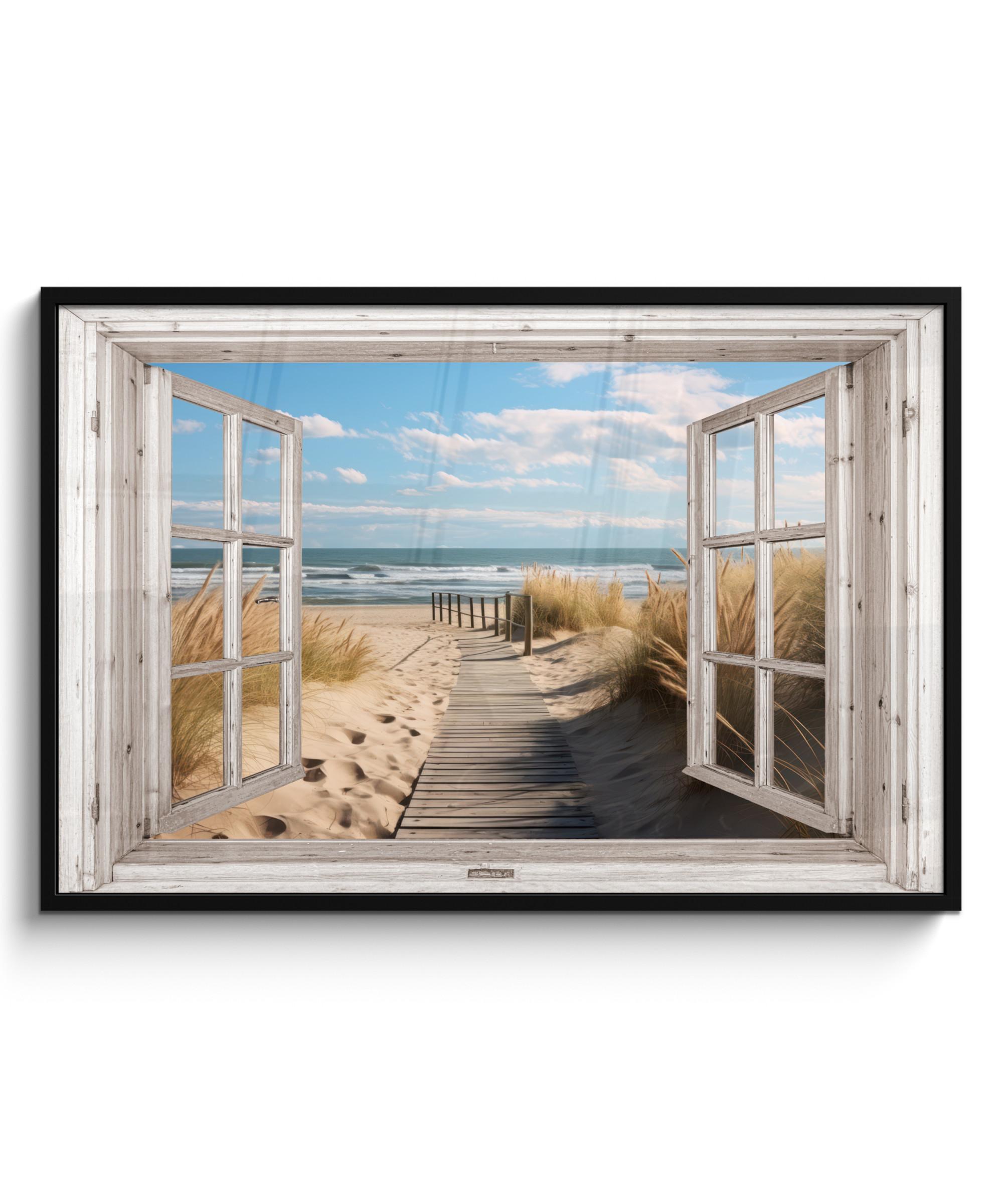 POSTER MIT RAHMEN Fenster - Meer - Küste - Natur - Ausblick - Strand - Wattenmeer 120x80 cm - Beige, Papier (120/80cm) - MuchoWow