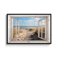 POSTER MIT RAHMENGERAHMTES BILD Fenster - Meer - Küste - Natur - Ausblick - Strand - Wattenmeer 120x80 cm - Beige, Papier (120/80cm) - MuchoWow