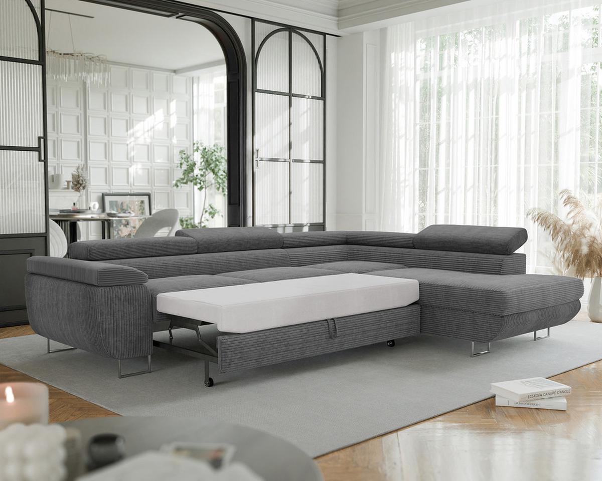 ECKSOFA ANTON rechts, mit Schlaffunktion und Bettkasten Grau - Chromfarben/Grau, Textil/Metall (274/203cm) - Idohome