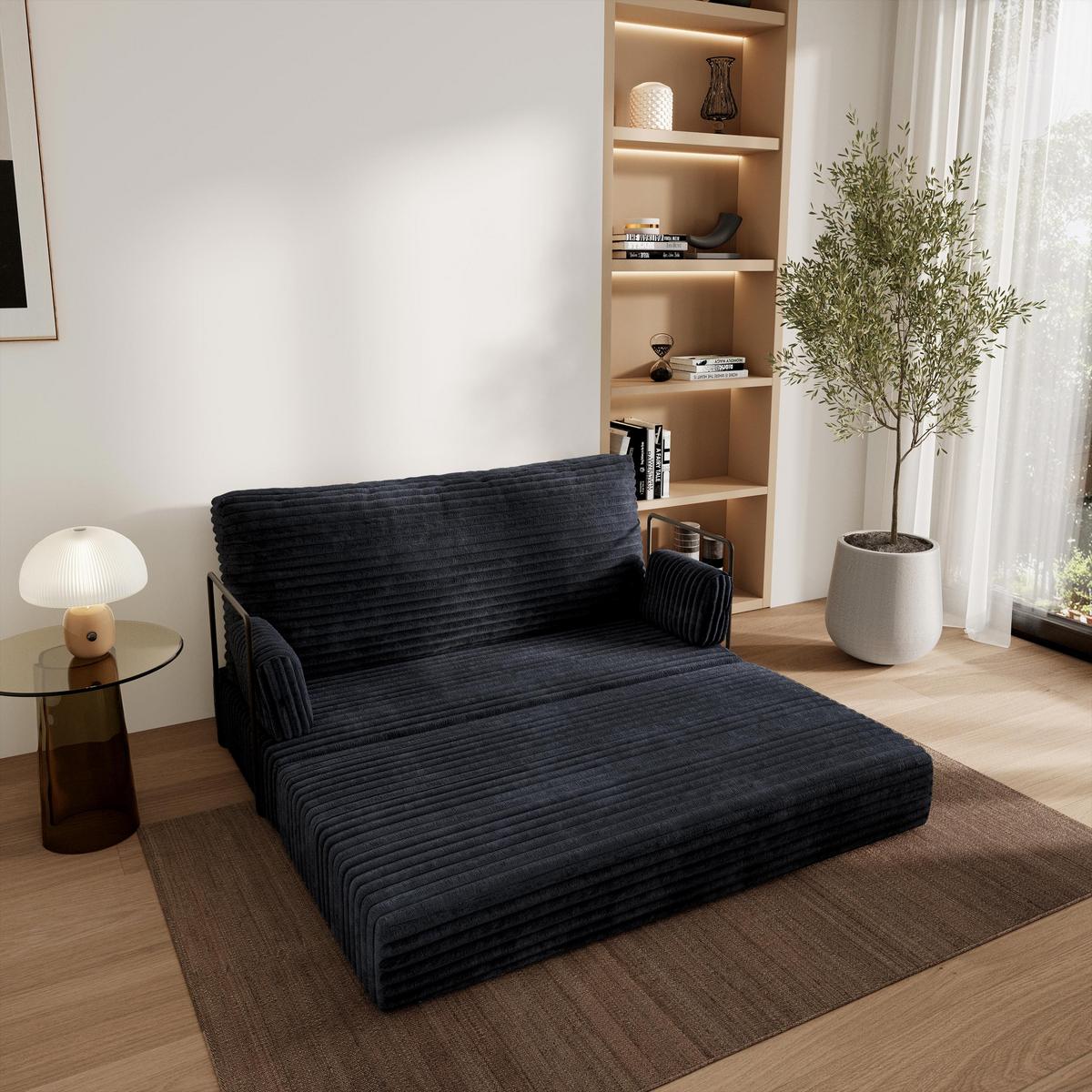 BETTSOFA LADIA aus Schaumstoff Kordstoff Schwarz Schlaffunktion - Schwarz, Textil (140/86/60cm) - MASSENO