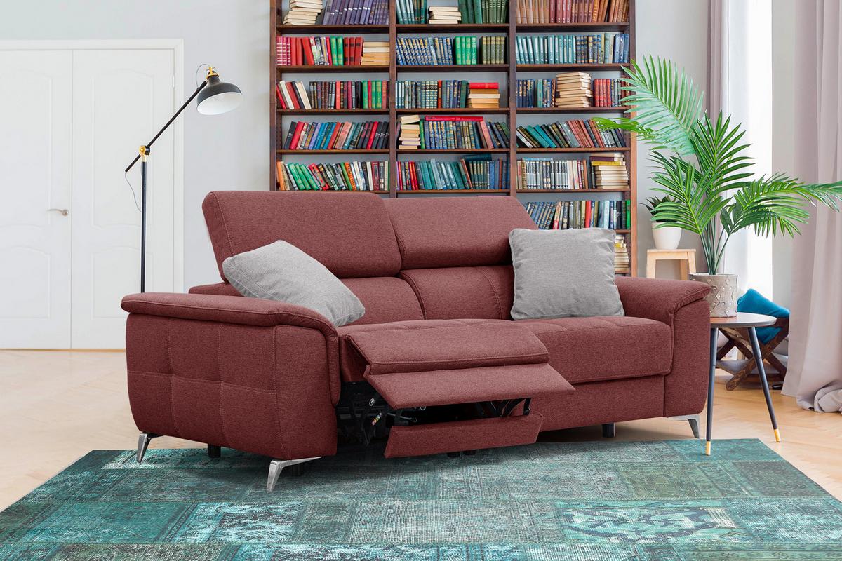 SOFA PLAUEN 3-Sitzer mit 2 Relaxfunktionen, bordeaux - Bordeaux/Silberfarben, Holzwerkstoff/Textil (214/83/105cm) - Wozimo