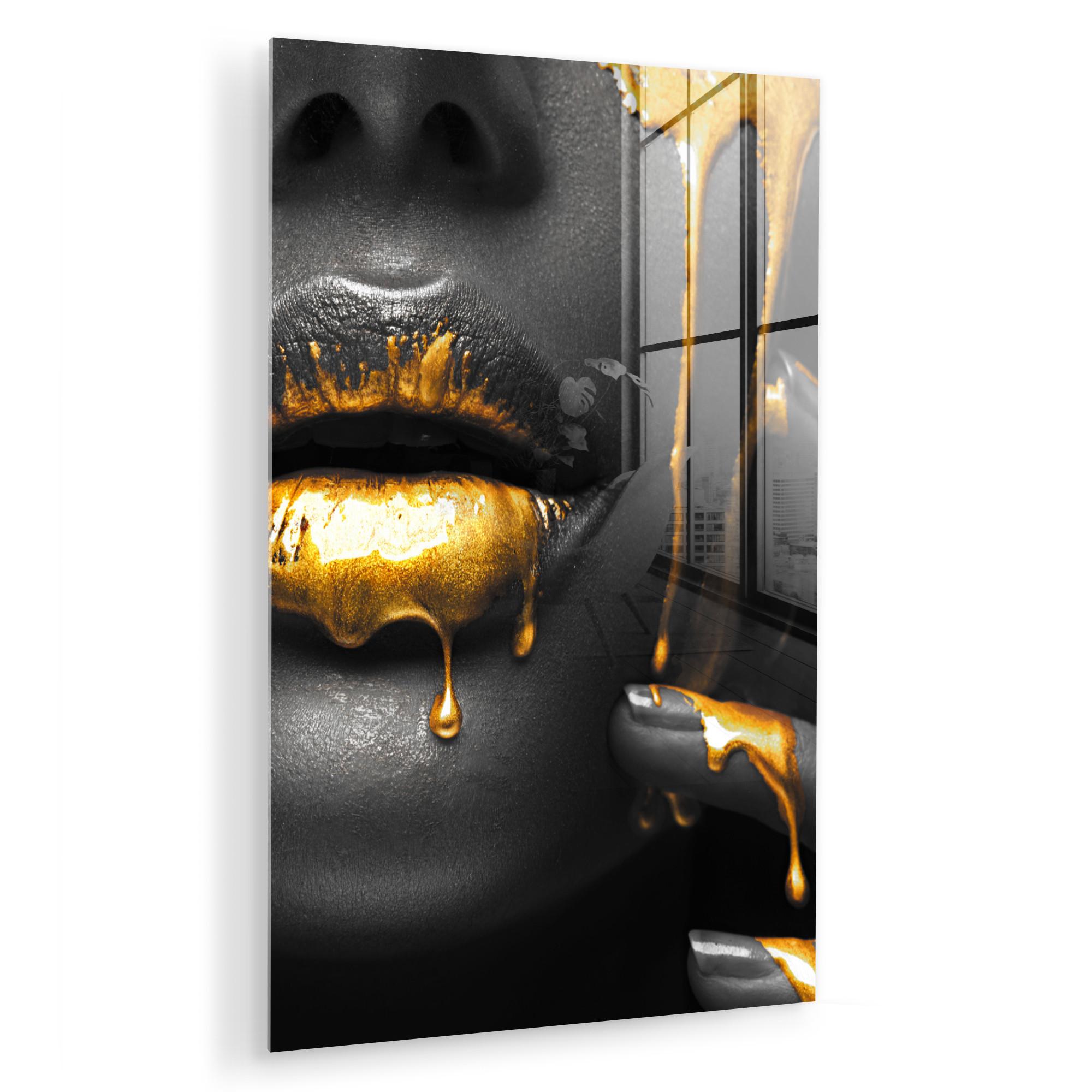 ACRYLGLASBILD Frau - Schwarz - Gold - Gesicht - Lippen Wandbild 60x90 cm - Goldfarben, Glas (60/90cm) - MuchoWow