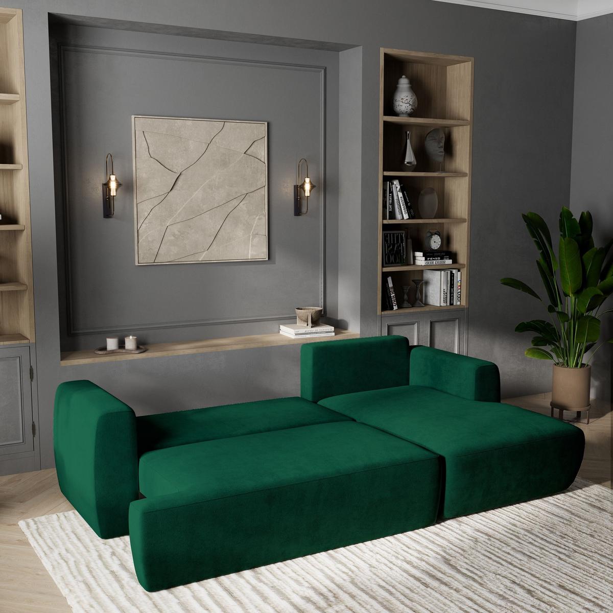ECKSOFA SENTI K R-S Grün Plüsch-Stoff mit Schlaffunktion - Schwarz/Grün, Holz/Kunststoff (246/148cm) - MASSENO