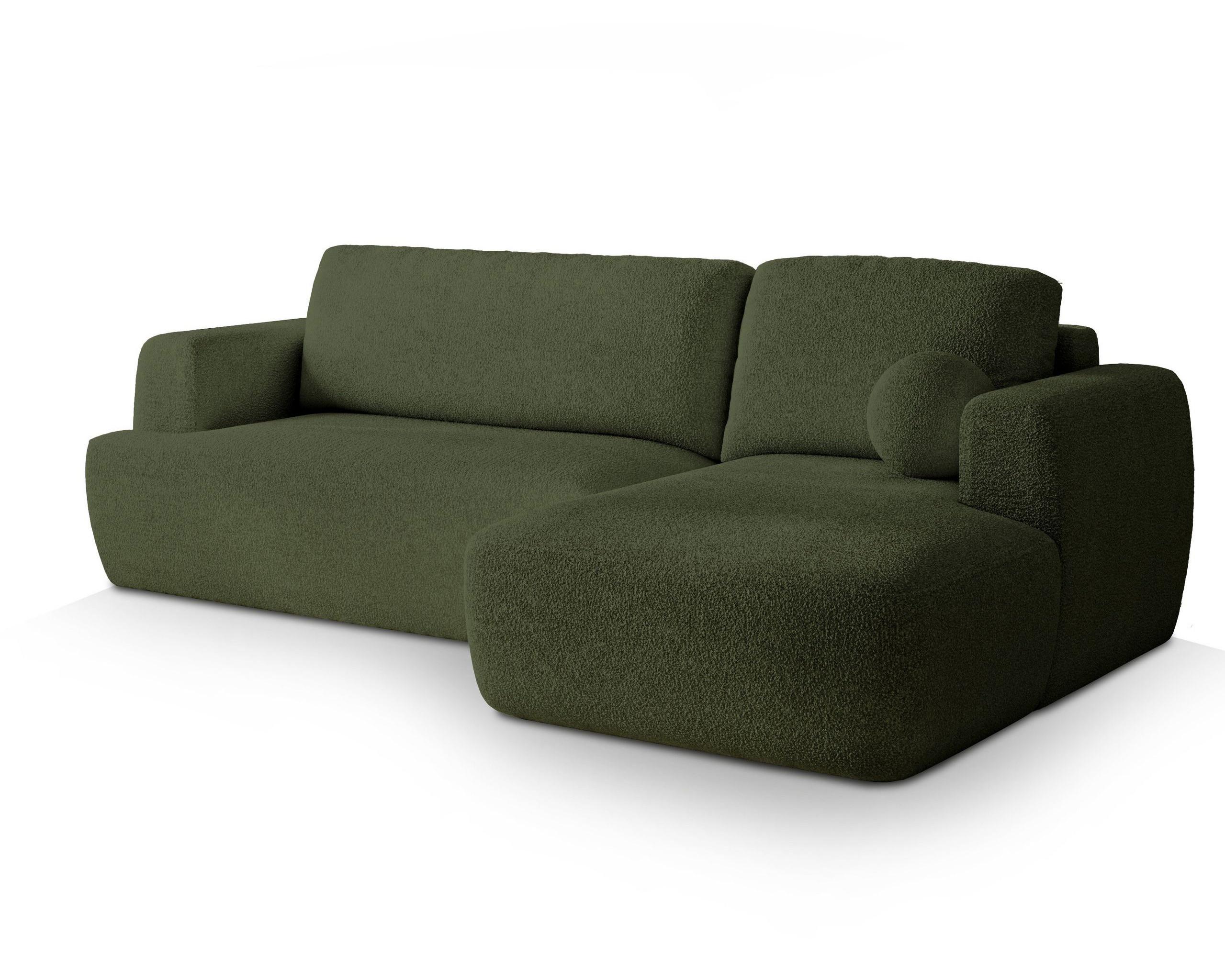 ECKSOFA SENTI N R-S Grün Boucle-Stoff mit Schlaffunktion - Schwarz/Grün, Holz/Kunststoff (246/148cm) - MASSENO