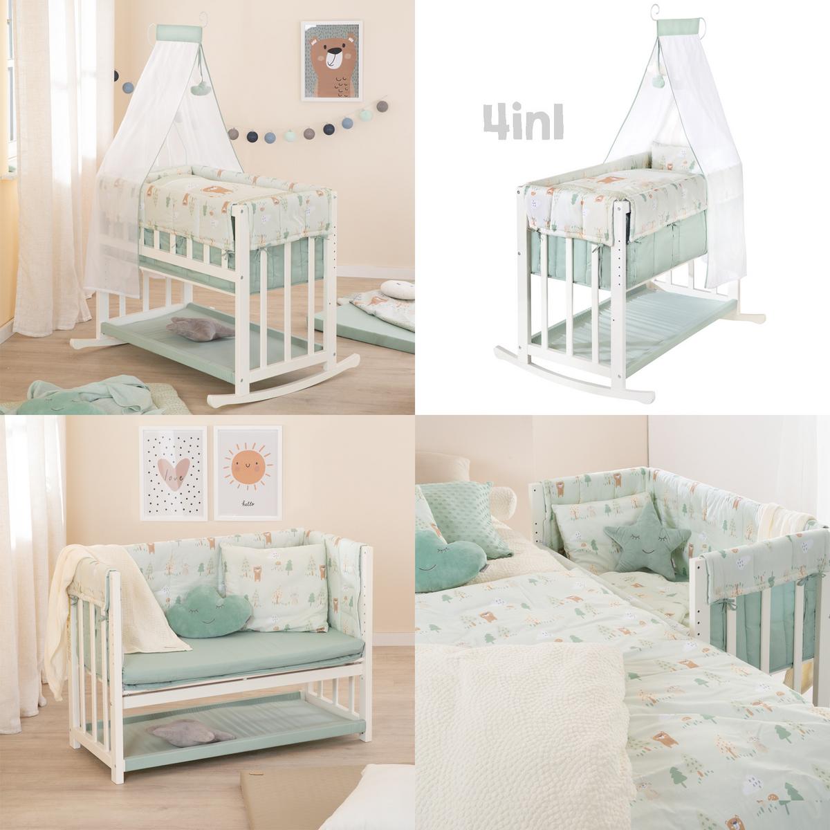 BEISTELLBETT Woodland Buddies 4in1 Set 90 x 45 cm - Weiß/Hellgrün, Holzwerkstoff/Textil (45/90cm) - Roba
