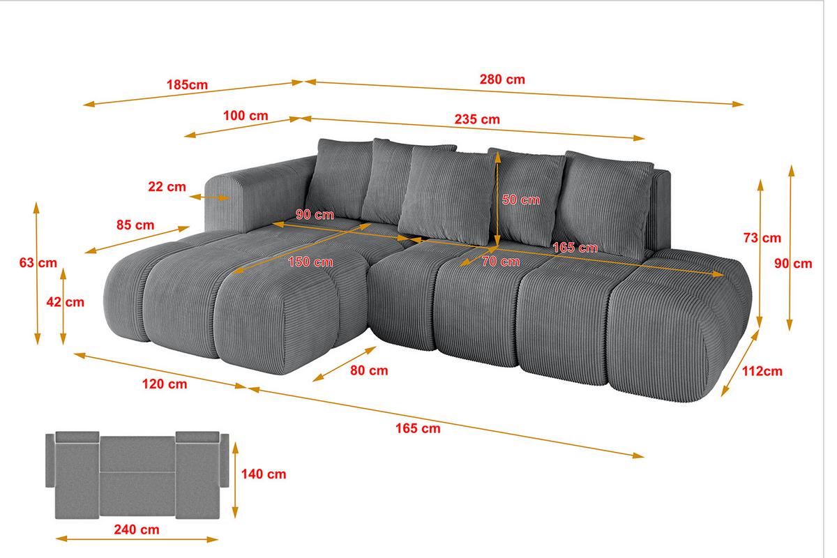 ECKSOFA Ottomane Links CLOUD-L-v1 280x185x90 Dunkelgrau Cord - Dunkelgrau, Holzwerkstoff/Kunststoff (180/289cm) - ALTDECOR