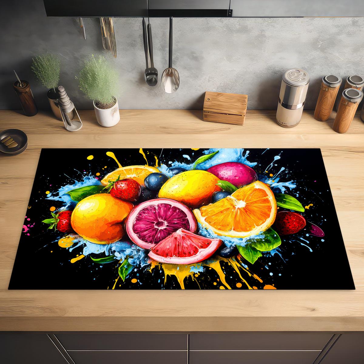 HERDABDECKPLATTE Obst - Graffiti - Bunt - Orange - Erdbeere - Abstrakt Ceranfeldabdeckung 90x52 cm - Orange, Kunststoff (90/52/0.2cm) - MuchoWow