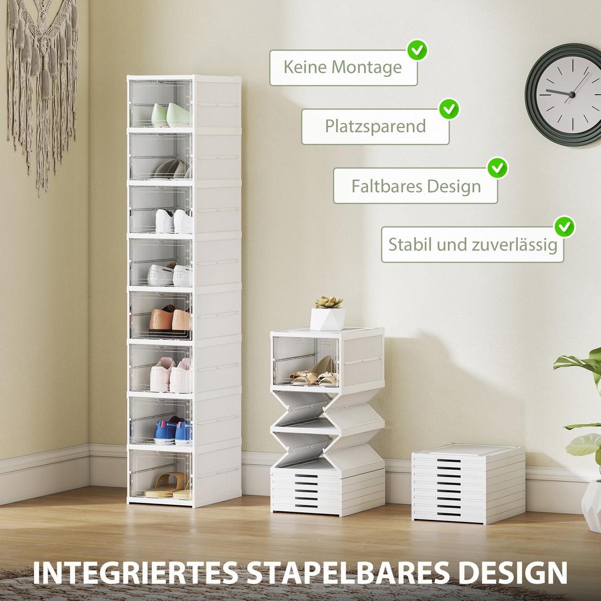SCHUHBOXEN Stapelbare, Faltbar 8 Stück Schuh-Organizer mit Transparenten Türen - Weiß, Kunststoff (26/140/35cm) - HOMCOM