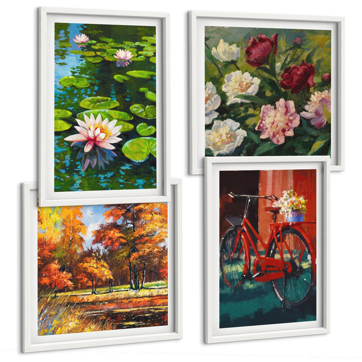 BILDER SET 4er Set - 50x50 cm & 40x60 cm Weißer Rahmen - Herbstfarben Seerosenteich - Weiß, Kunststoff (50/50cm) - TULUP