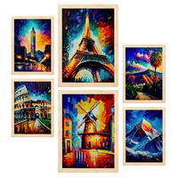 POSTER Set Mit 6 Hoch Aufragend Im Ölgemälde A3 & A4 Rahmen Aus Hellem Holz - Beige, Papier (29/3cm) - Nacnic