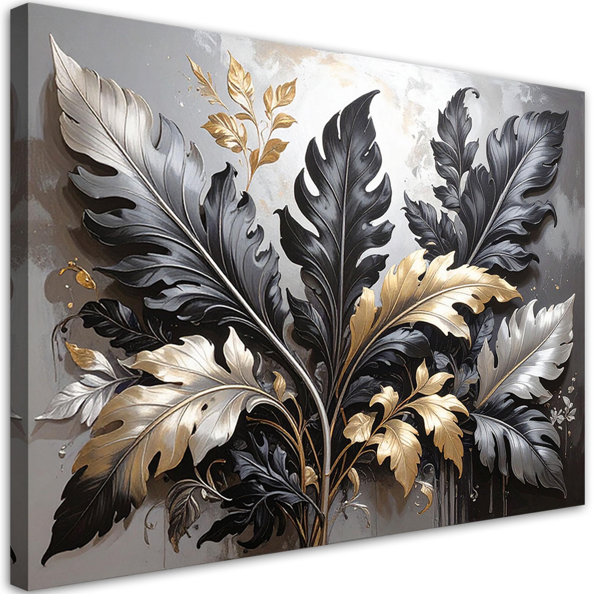 WANDBILD, Schwarz-goldene Akanthusblätter Lorbeerpflanzen Natur - Schwarz, Textil (100/70cm) - Feeby