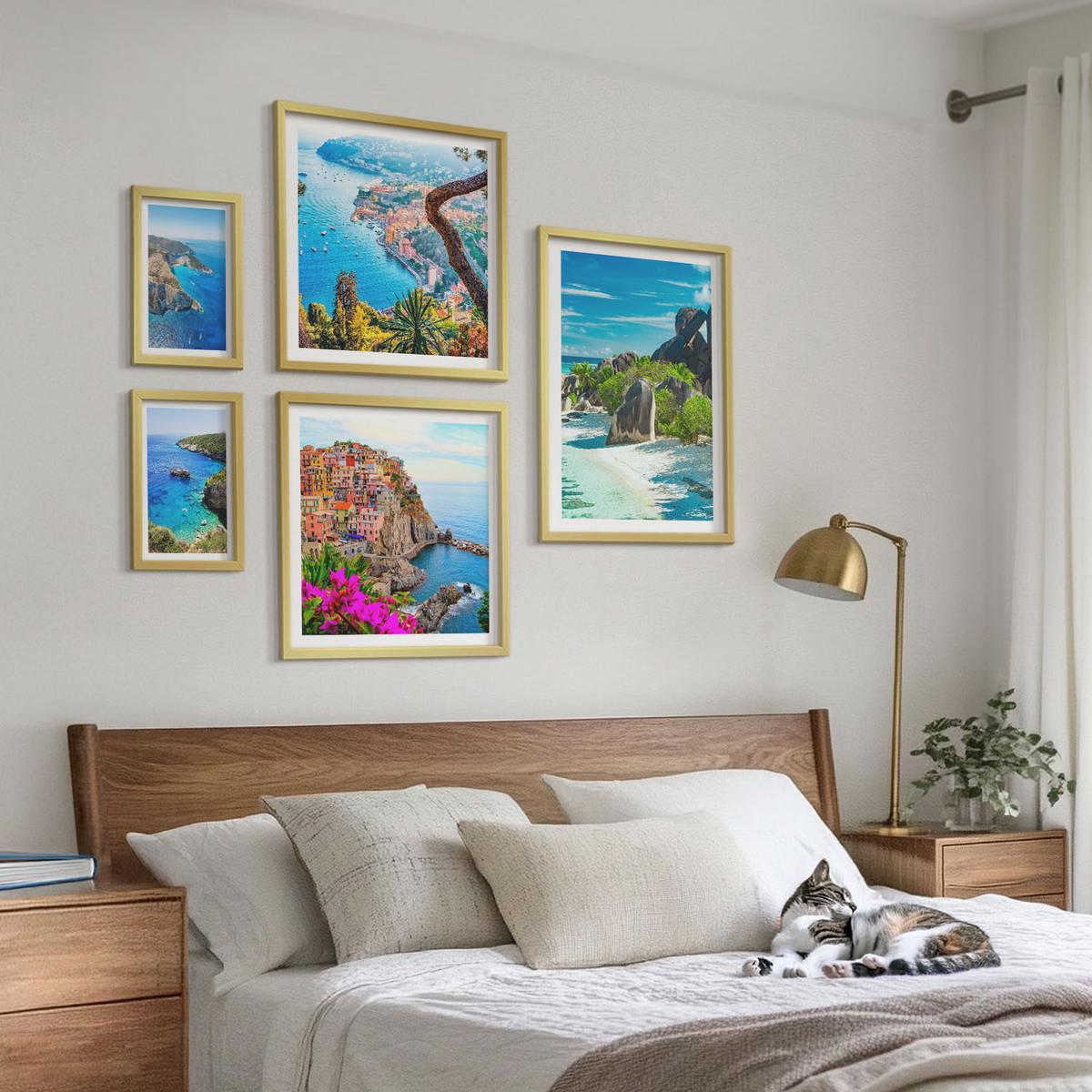 BILDER SET 5er Set - 50x50 cm & 20x30 cm & 40x60 cm Goldrahmen - Winterwald-Blaublume - Goldfarben, Kunststoff (40/60cm) - TULUP