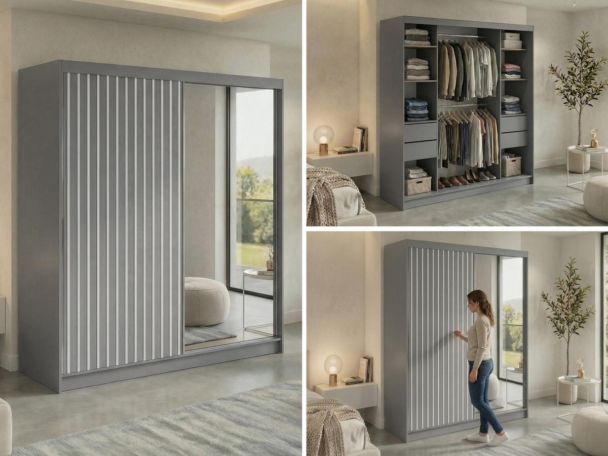 SCHWEBETÜRENSCHRANK mit Spiegel und Schubladen LAOS - 200 - Grau - Weiß Lamellen - Alufarben/Weiß, Holzwerkstoff/Metall (200/216/61cm) - MKS
