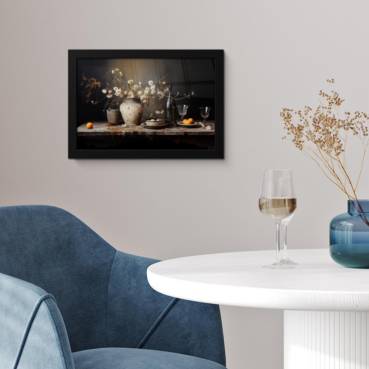 POSTER MIT RAHMENGERAHMTES BILD Stilleben - Blumen - Blumenstrauß - Vase - Wein 30x20 cm - Schwarz, Papier (30/20cm) - MuchoWow