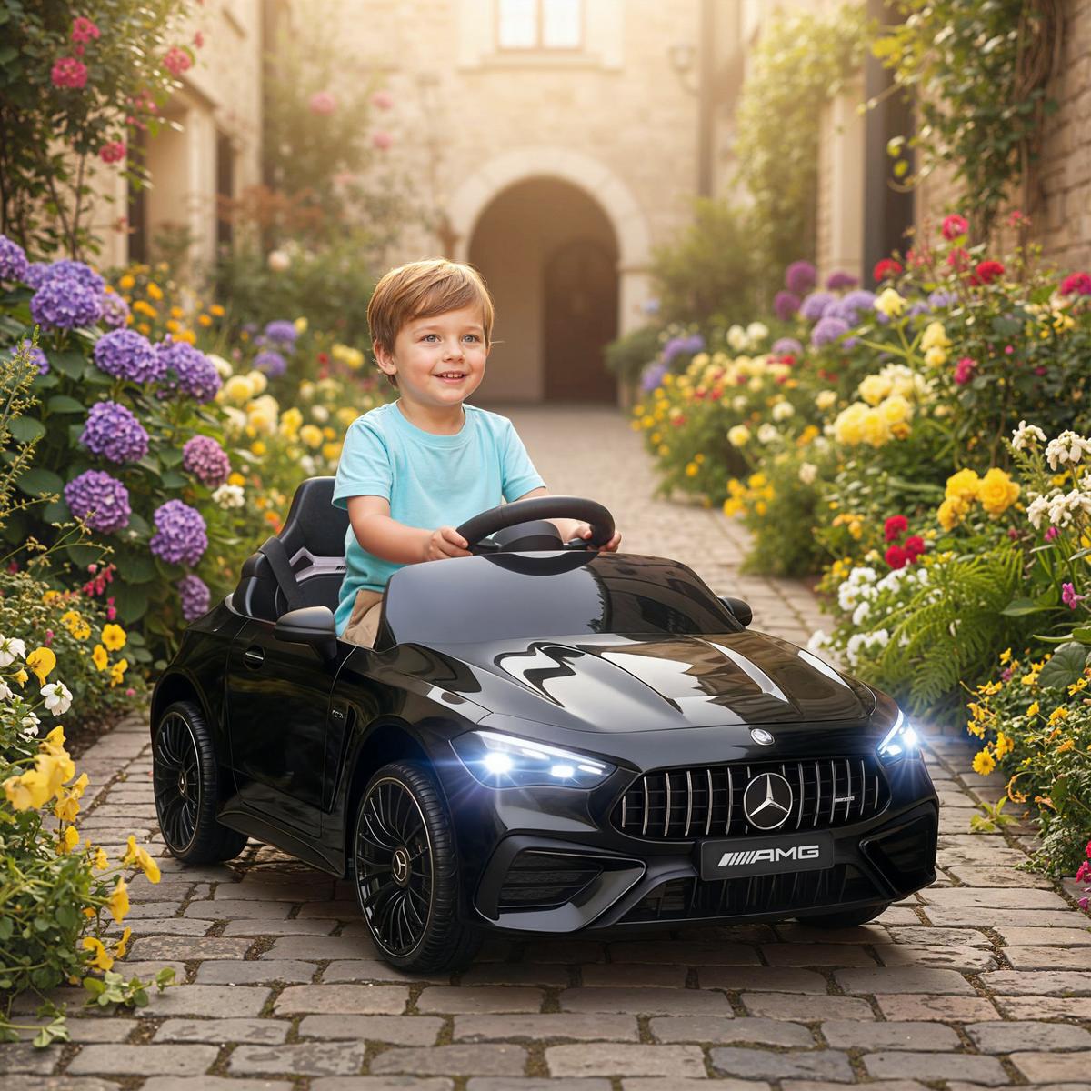 KINDER-ELEKTROAUTO 2 x 12V Kinderauto mit Musik, MP3, Sanftem Start/Stopp - Schwarz, Kunststoff (99/55/43cm) - AIYAPLAY