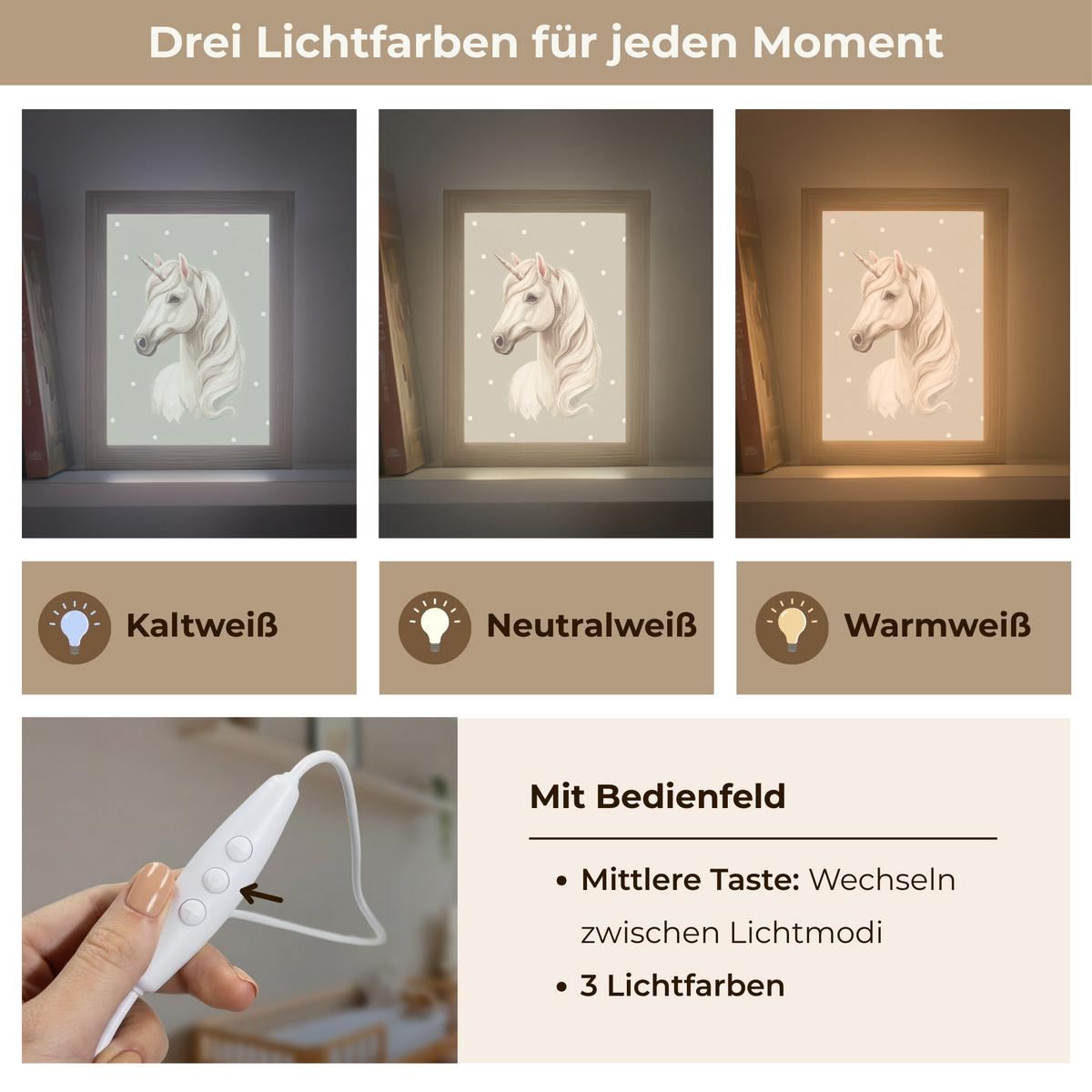 NACHTTISCHLAMPE Einhorn - Weiß - Punkte 15x20 cm - Taupe, Holzwerkstoff (8/15/20cm) - OnlyWow