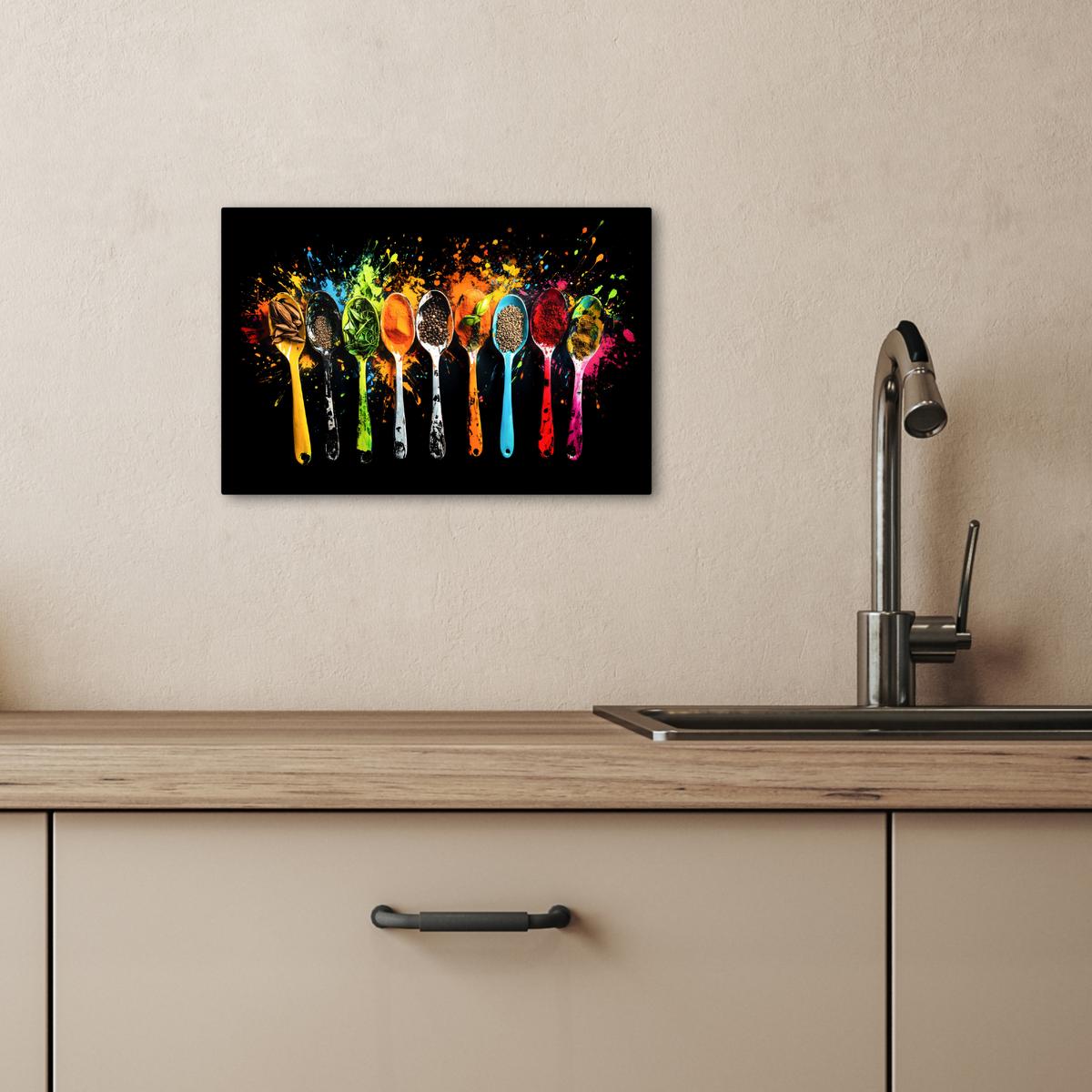 LEINWANDBILD Löffel - Gewürze - Modern - Graffiti - Farbe - Farbenfroh Deko Schlafzimmer 30x20 cm - Multicolor, Textil (30/20cm) - MuchoWow