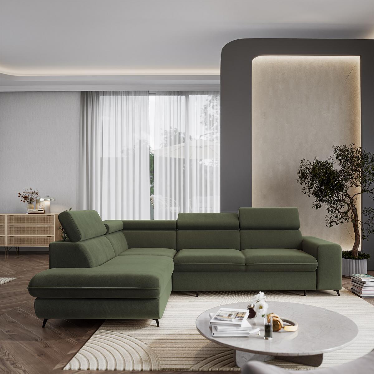 ECKSOFA VELISS Olivgrün Veloursstoff mit Schlaffunktion - Olivgrün, Holz (255/193cm) - MASSENO