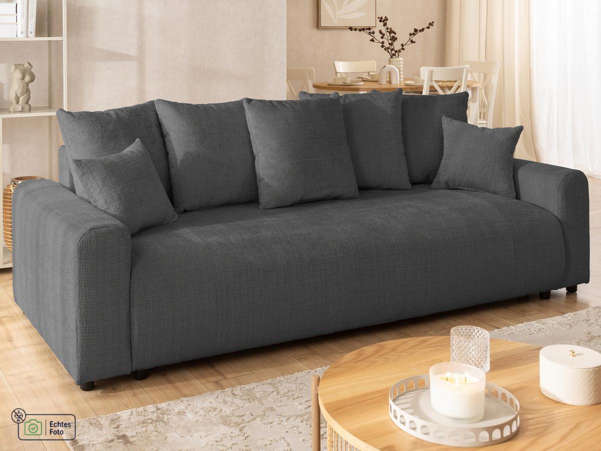 SCHLAFSOFA Calma mit Bettkasten im Bumpy-Design aus weichem Grau Chenille-Stoff - Schwarz/Grau, Holz/Kunststoff (239/88/98cm) - S-Style