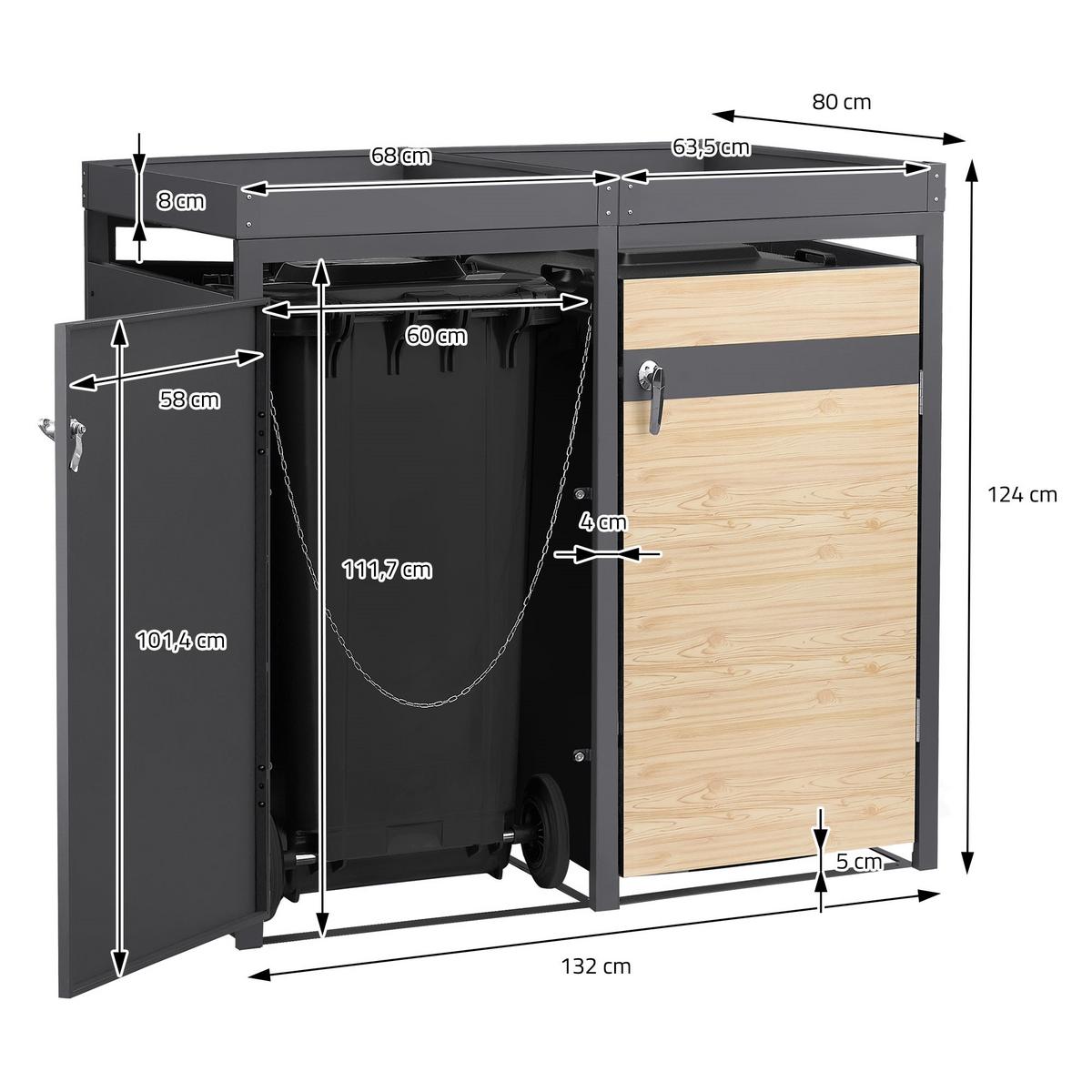 MÜLLTONNENBOX 4er mit Pflanzdach Anthrazit-Holzoptik - Hellbraun, Metall (264/124/80cm) - ML-DESIGN