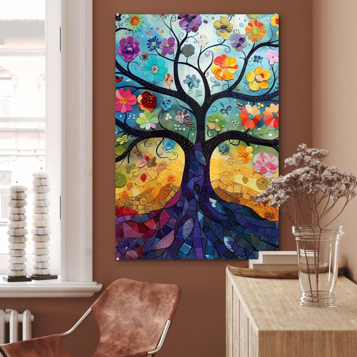 ACRYLGLASBILD Kunst - Baum des Lebens - Blumen - Hippie 80x120 cm - Dunkelblau, Glas (80/120cm) - MuchoWow