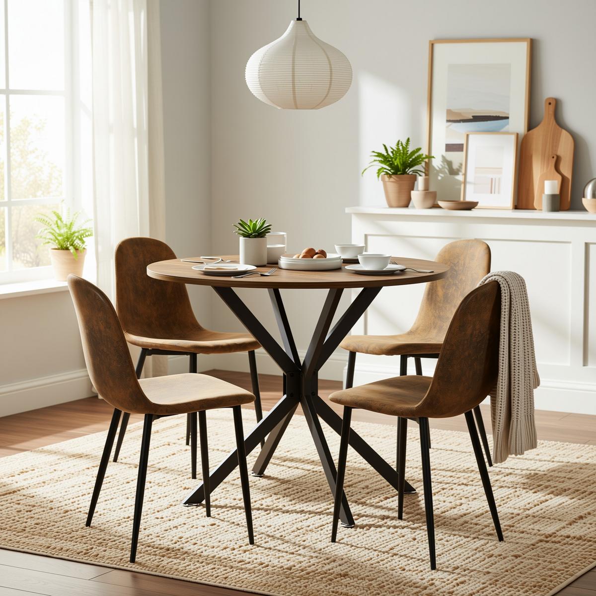 TISCHGRUPPE 5-teilig Runder Esstisch Ø 90 cm in Holzoptik & 4 Stühle Vintage-Braun - Dunkelbraun/Schwarz, Holzwerkstoff/Textil (90/78/90cm) - Urban Meuble
