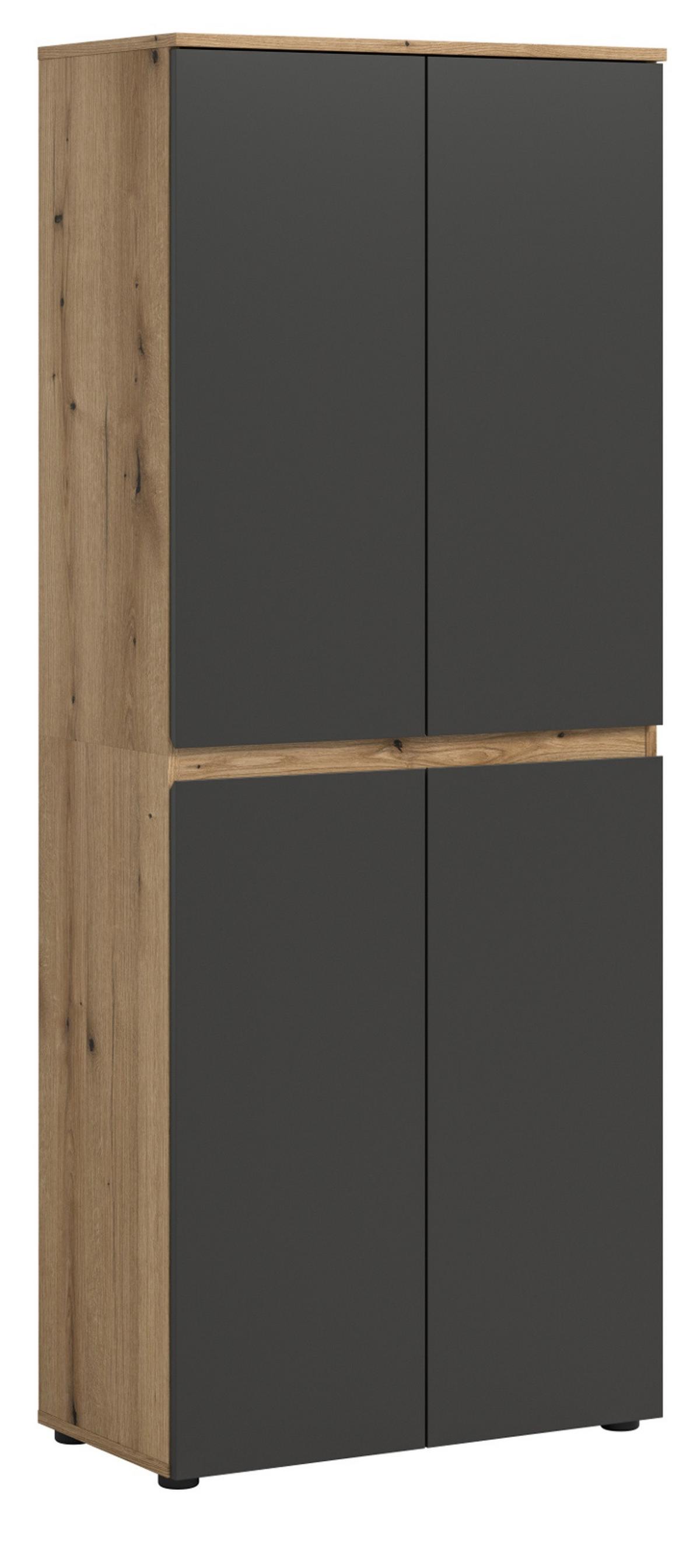 MEHRZWECKSCHRANK grau, Evoke Eiche 70 x 175 cm, Stauraumschrank 4-türig mit 9 Fächern - Eichefarben/Schwarz, Holzwerkstoff/Kunststoff (70/175/37cm) - Inn.Furn
