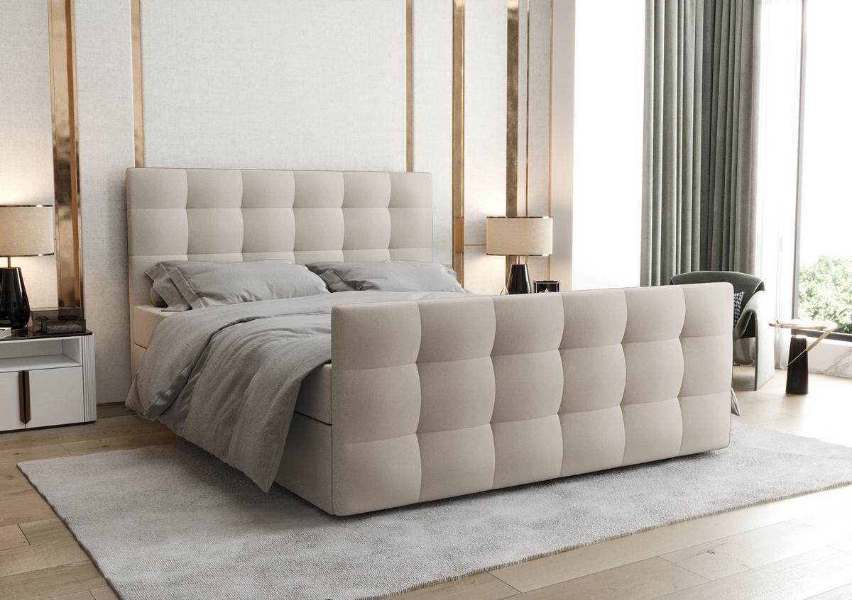 BOXBETT Orchido 140/200 cm in Beige – mit Bettkasten + TOPPER - Beige/Schwarz, Holz/Holzwerkstoff (140/200cm) - AX Living