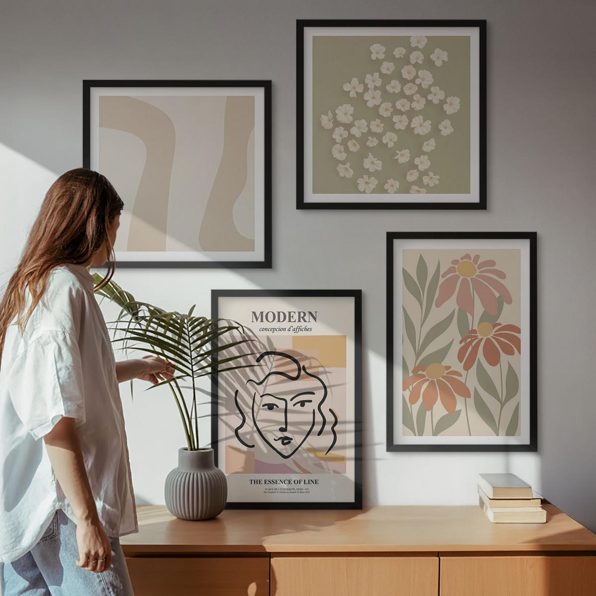BILDER SET 4er Set - 50x50 cm & 40x60 cm Schwarzer Rahmen - Moderne abstrakte Frau - Schwarz, Kunststoff (50/50cm) - TULUP