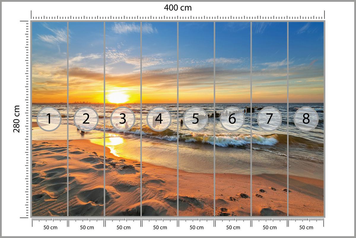 FOTOTAPETE Sonnenuntergang Strand Meer Landschaft 3D 400x280 cm - Beige/Orange, Papier (400/280cm) - Muralo